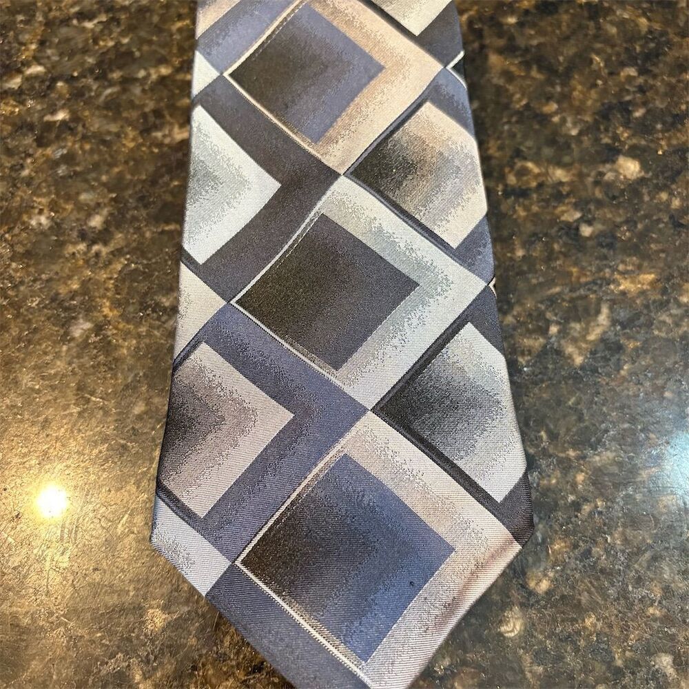 *3/$15 Murano Men's Silk Tie Blue & Silver Geometric Pattern Designer